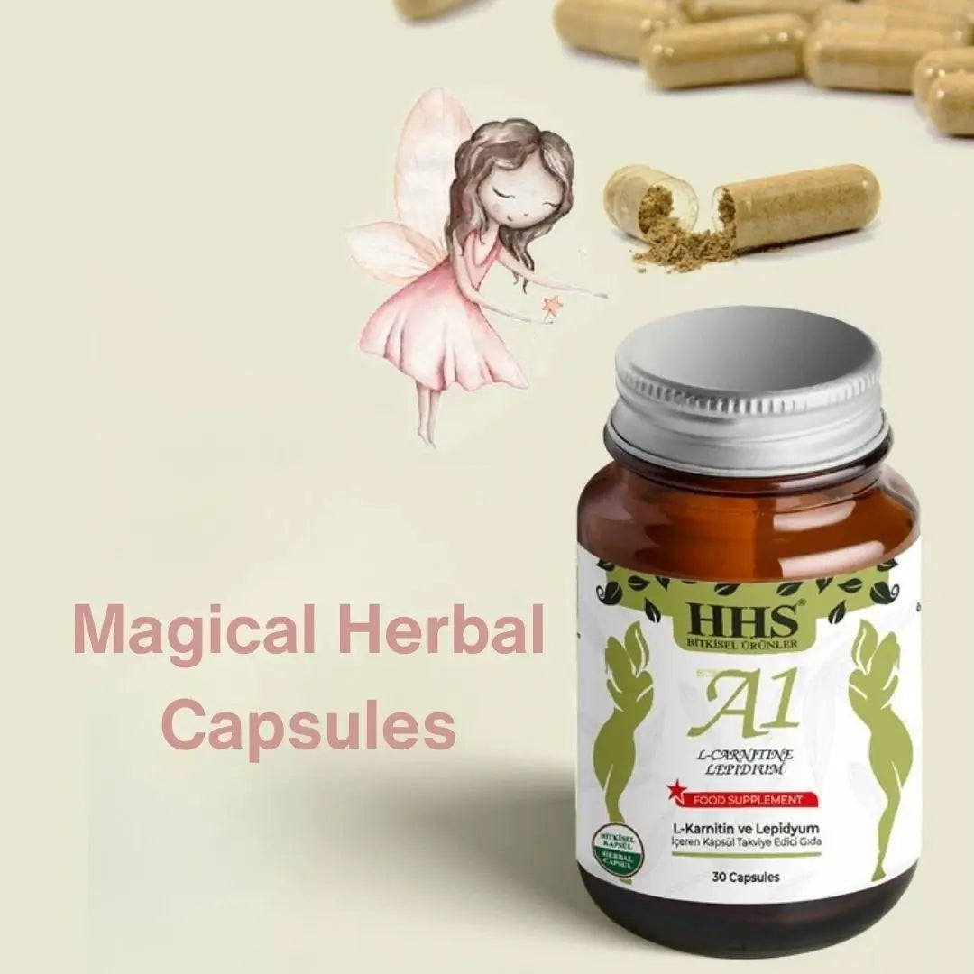 HHS A1 Herbal supplement bottle with 30 capsules, featuring a green label and herbal design.