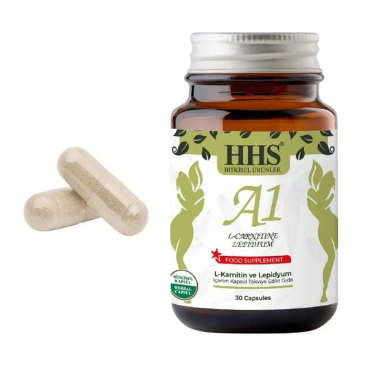 HHS A1 Herbal supplement bottle with 30 capsules, featuring natural herbal ingredients for wellness support.