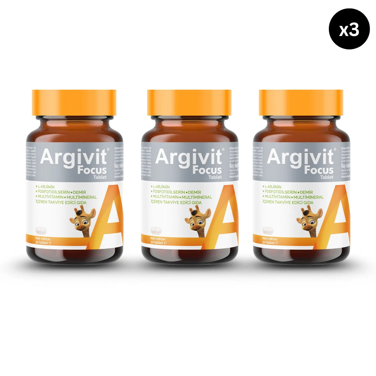 Three Argivit Focus supplement bottles with orange caps on a white background