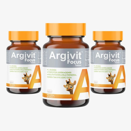 Three bottles of Argivit Focus tablets with orange caps on a white background