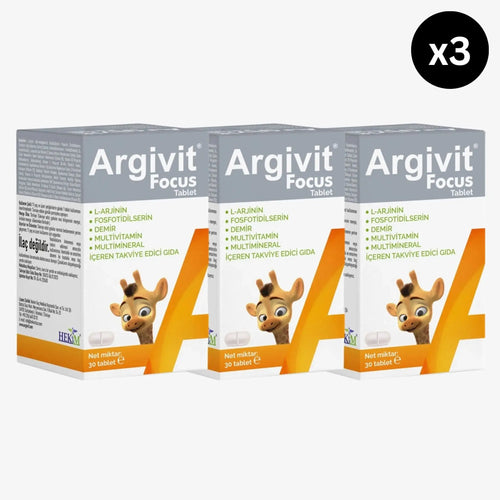 Three boxes of Argivit Focus tablets on a white background