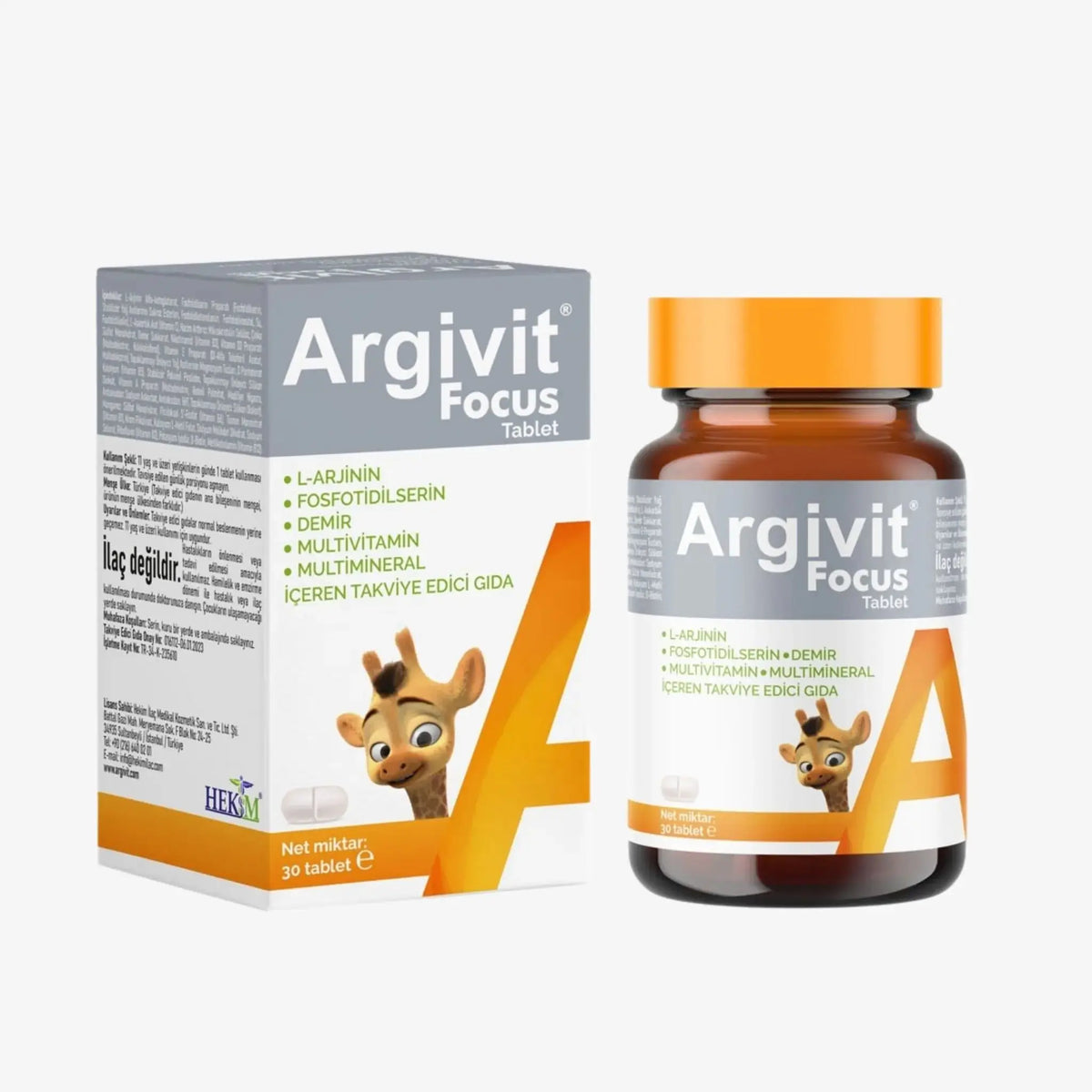 Argivit Focus Tablet supplement bottle and packaging on a white background