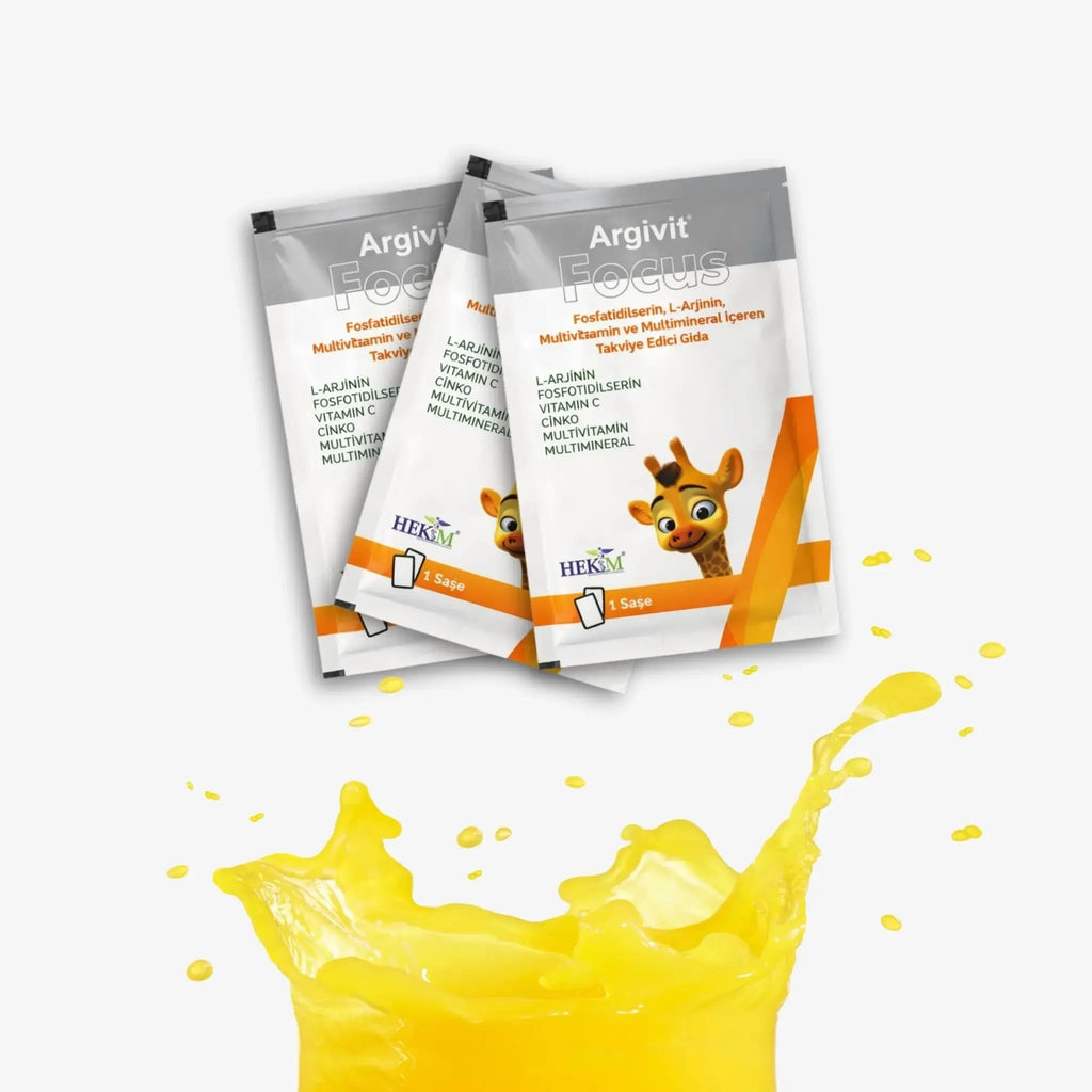Three Argivit Focus Sachets with a splash of Yellow Liquid on a white background
