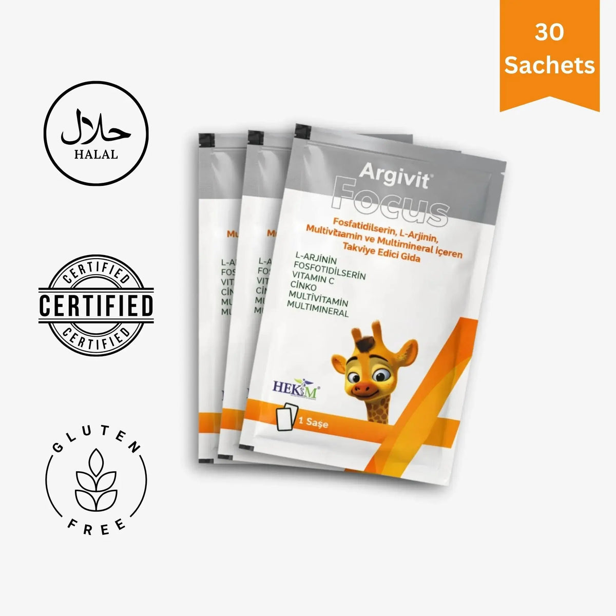 Argivit Focus Sachet packets with certification logos on a white background