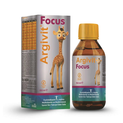 Argivit Focus Syrup bottle and packaging with a cartoon giraffe on a white background