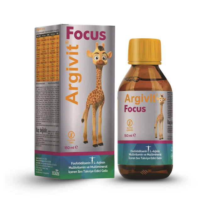 Argivit Focus Syrup bottle and packaging with a cartoon giraffe on a white background