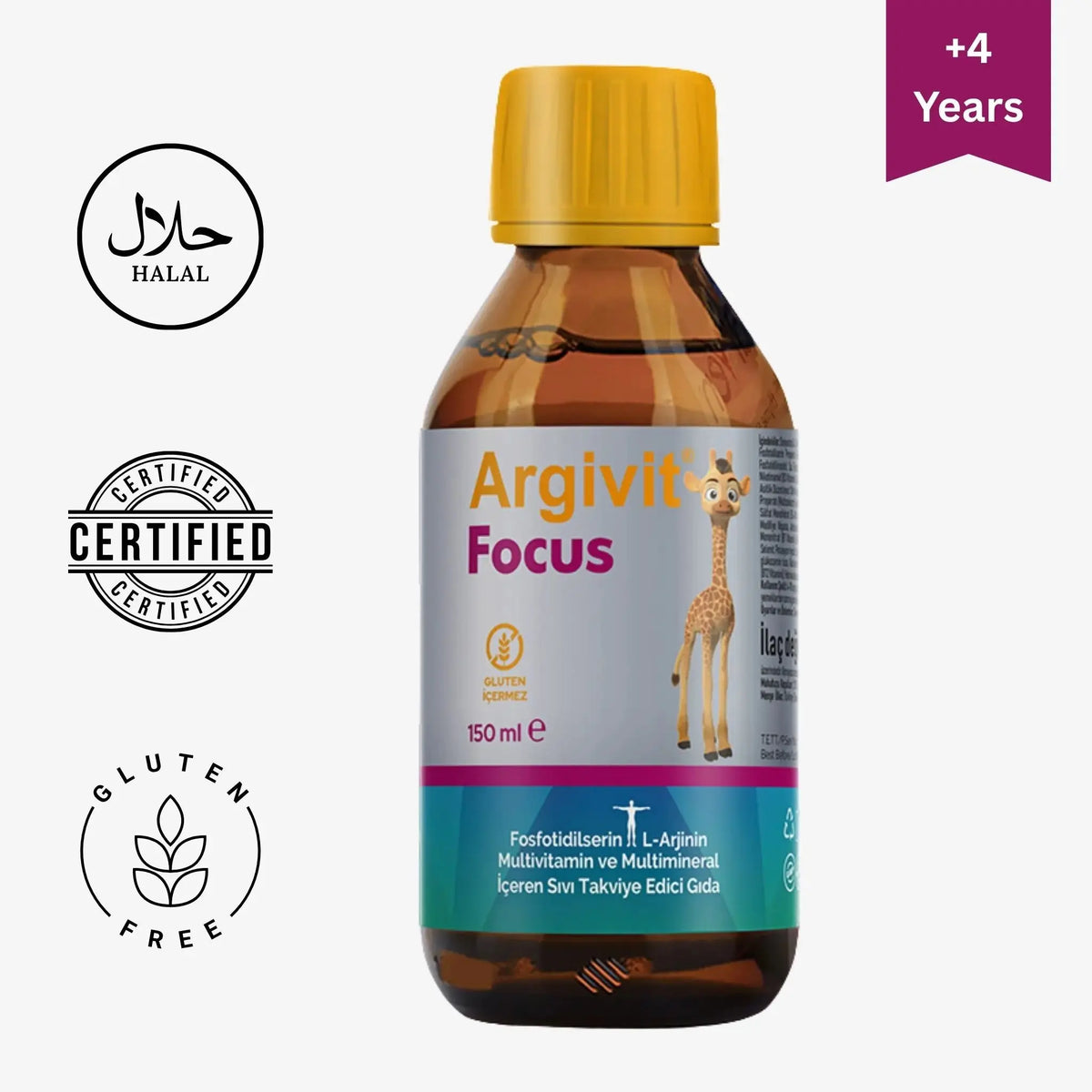 Bottle of Argivit Focus with certification logos on a white background