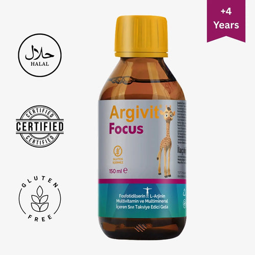Bottle of Argivit Focus with certification logos on a white background