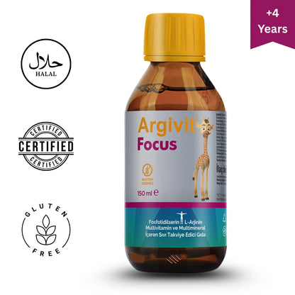 Bottle of Argivit Focus Syrup with yellow cap on a white background