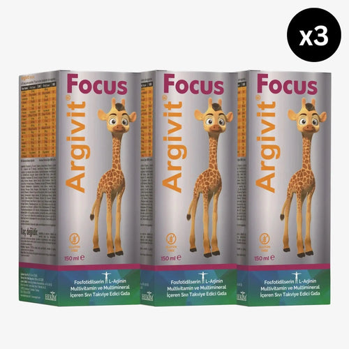 Three boxes of Argivit Focus Syrup with a cartoon giraffe on a white background