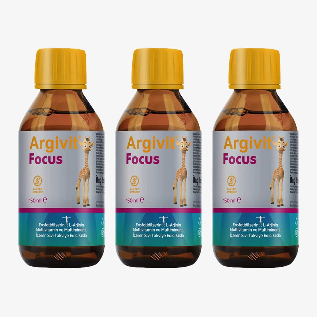 Three Argivit Focus Syrup bottles with yellow caps on a white background