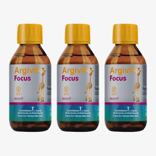Three Argivit Focus Syrup bottles with yellow caps on a white background