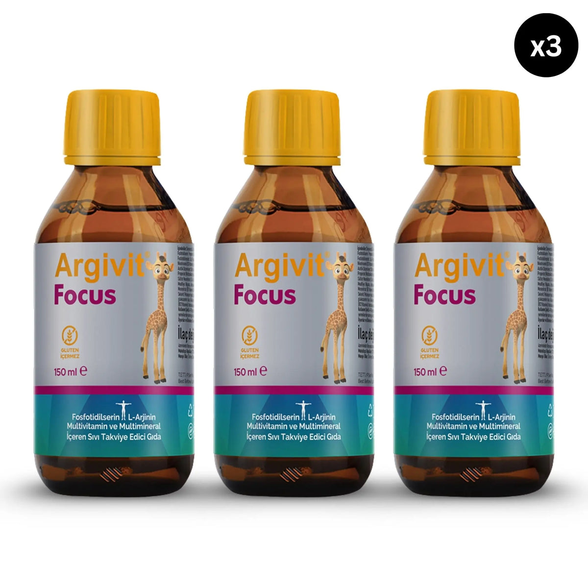 Three Argivit Focus Syrup bottles with yellow caps on a white background
