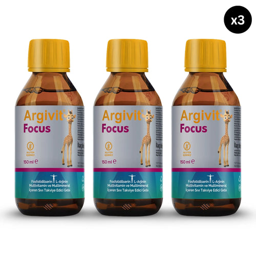 Three Argivit Focus Syrup bottles with yellow caps on a white background