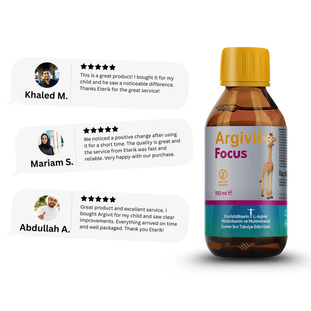 Bottle of Argivit Focus Syrup with customer reviews on a white background