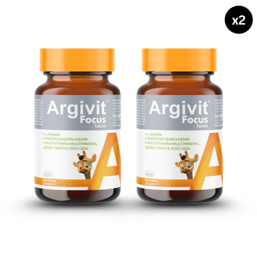 Two Argivit Focus Tablet bottles with orange caps on a white background