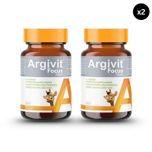 Two Argivit Focus Tablet bottles with orange caps on a white background