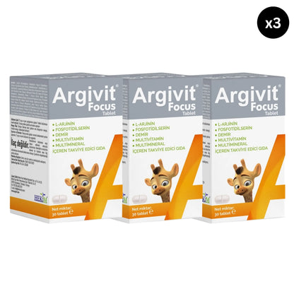 Three boxes of Argivit Focus tablets on a white background