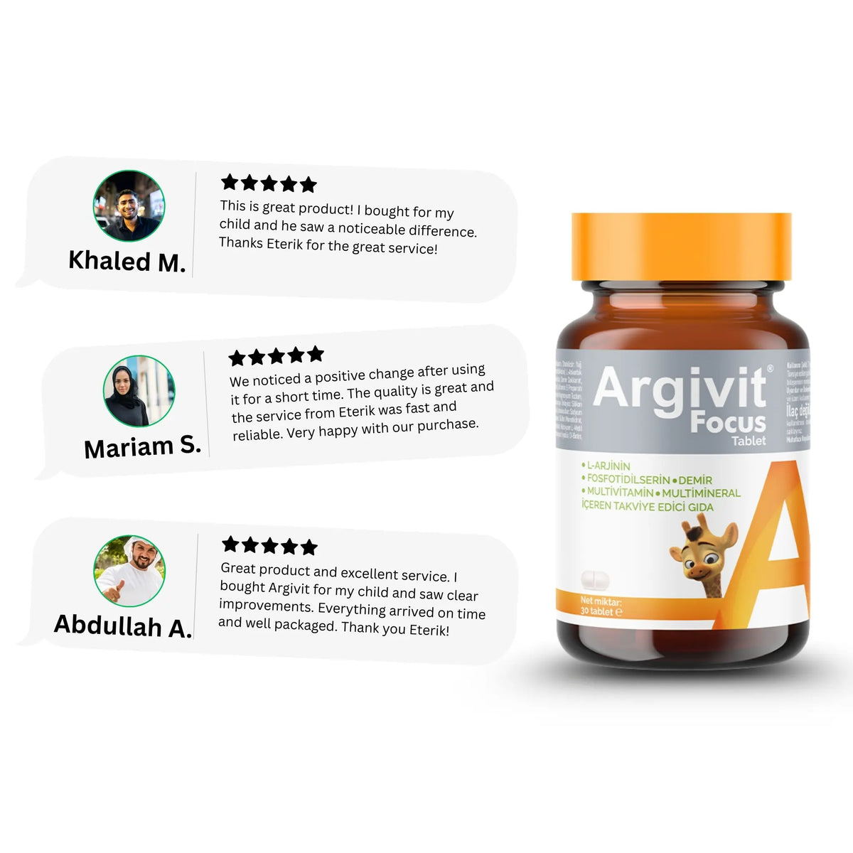 Bottle of Argivit Focus tablets with customer reviews on a white background