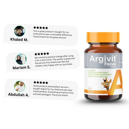 Bottle of Argivit Focus tablets with customer reviews on a white background