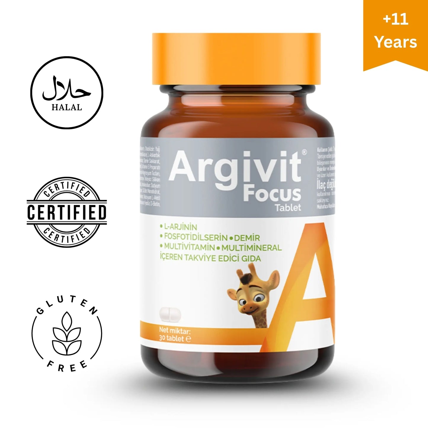 Bottle of Argivit Focus tablets with certification logos on a white background