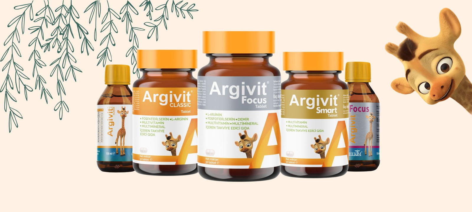 Argivit supplement bottles with a giraffe illustration on a beige background