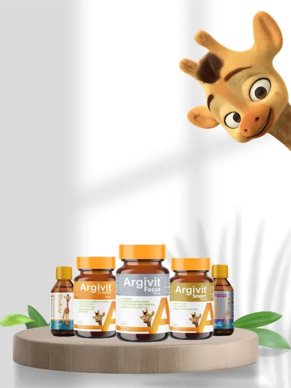 Argavit supplement bottles on a wooden platform with a cartoon giraffe character in the background.