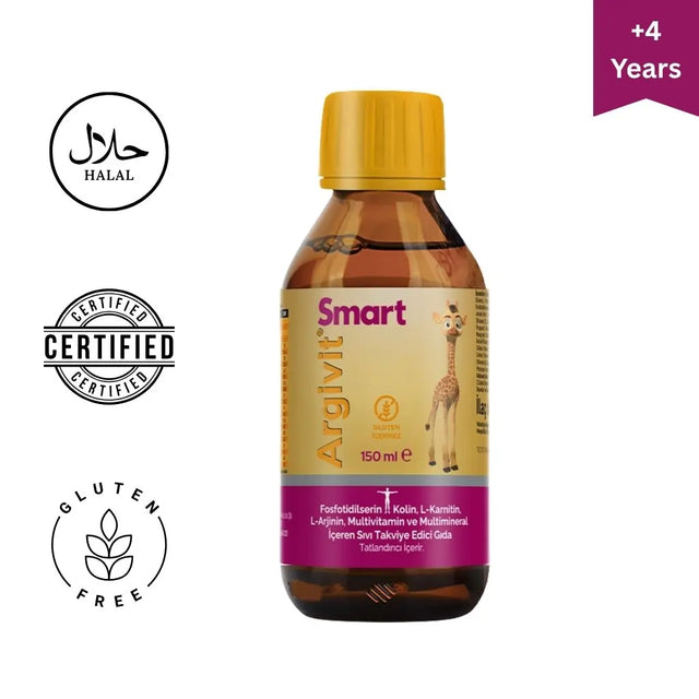 Bottle of Arquivit Smart with yellow cap and purple label on a white background