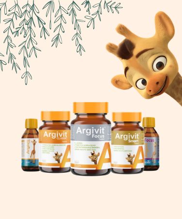Bottles of Argivit supplements with a cartoon giraffe character on a beige background