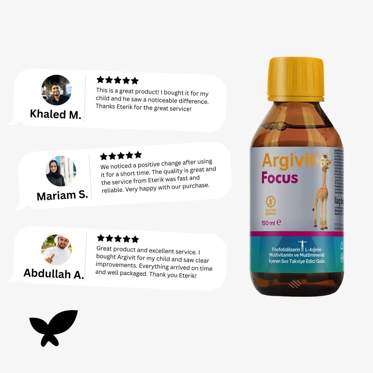 Bottle of Argivit Focus with customer reviews on a white background