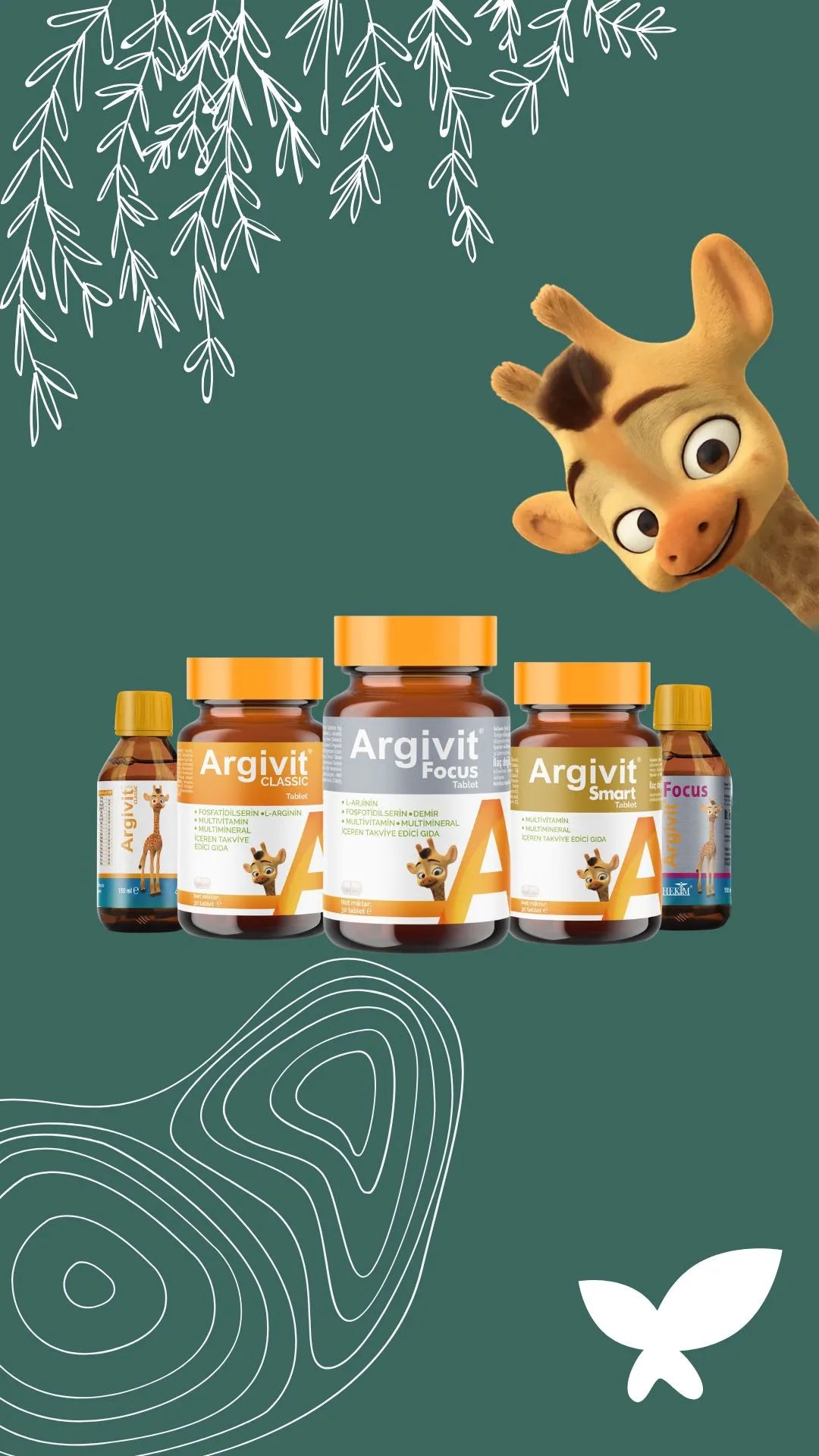 Bottles of Argivit with a cartoon giraffe on a green background