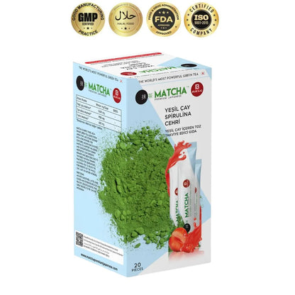 Matcha green tea powder packaging with certification logos on a white background
