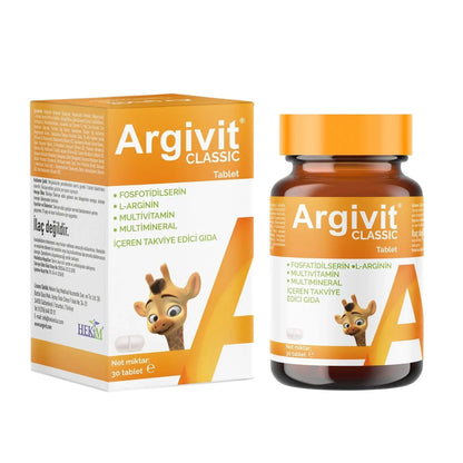 Argivit Classic Comprimés dans un flacon, avec 30 compléments alimentaires pour un apport quotidien en vitamines.