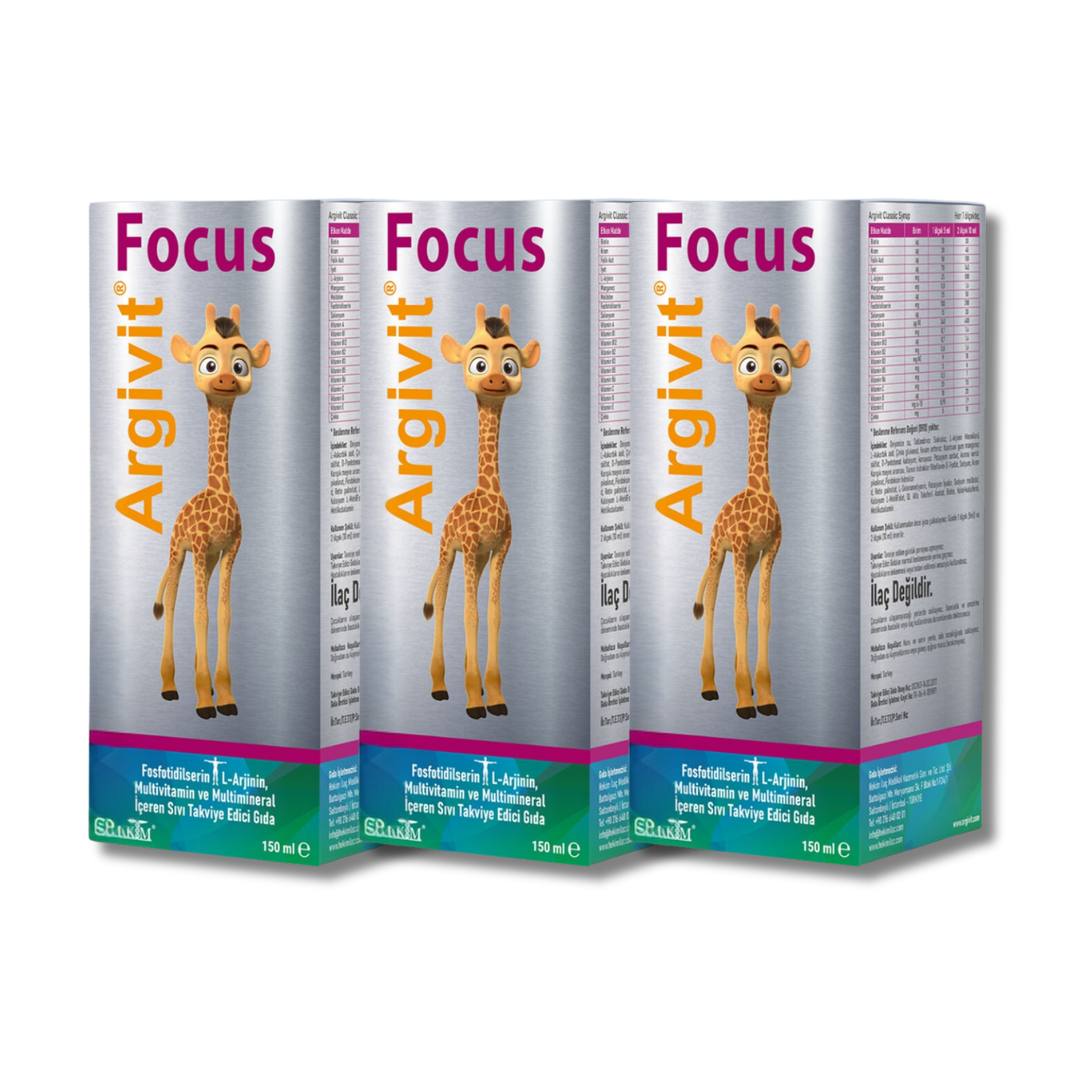 Three packs of Argivit Focus Syrup 150 ml bottles, featuring vitamins and supplements for cognitive support.