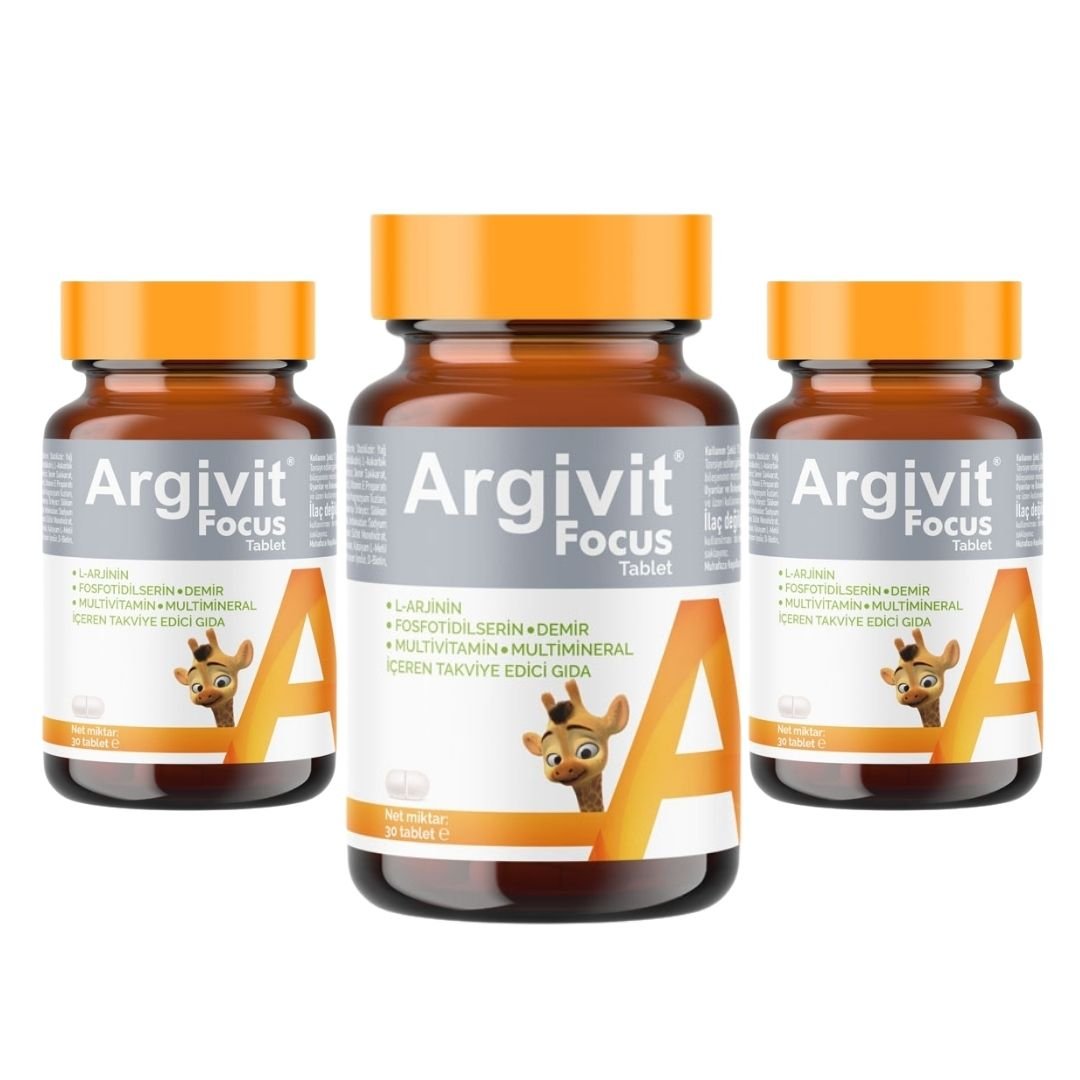 Argivit Focus Tablets in three packs, featuring vitamin and supplement tablets with clear labeling and packaging.
