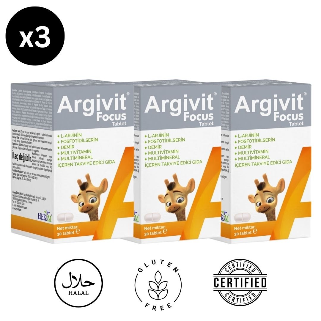 Argivit Focus Tablets in three packs, showcasing the product's label and packaging for vitamins and supplements.