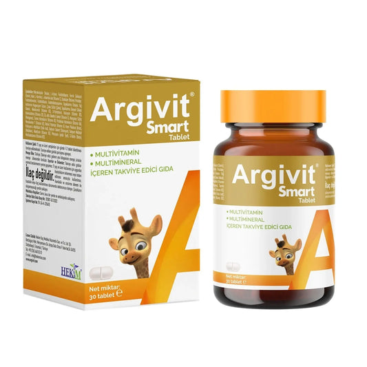 Argivit Smart Tablet bottle with 30 vitamins and supplements, showcasing the product label and tablet form.