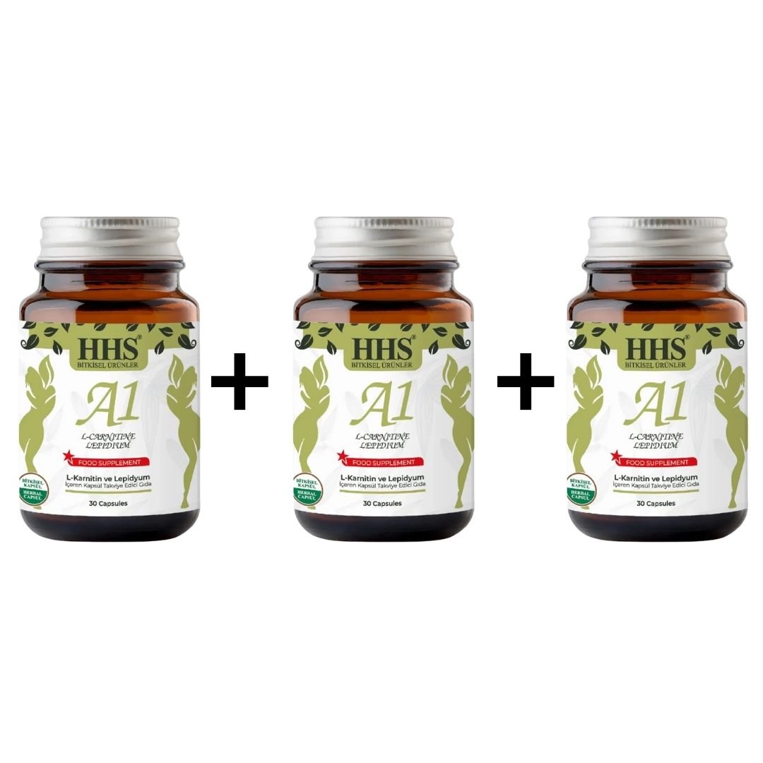 HHS A1 Herbal 30 Capsules in three packs, featuring herbal supplements for wellness and health support.