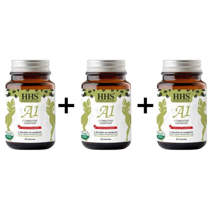 HHS A1 Herbal 30 Capsules in three packs, featuring herbal supplements for wellness and health support.