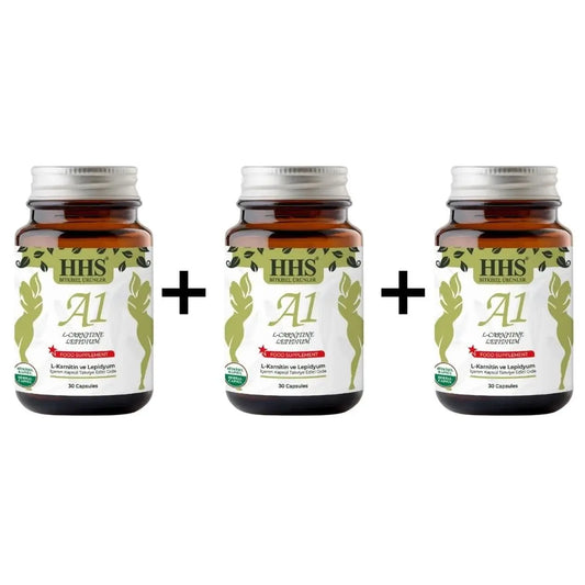 HHS A1 Herbal 30 Capsules in three packs, featuring herbal supplements for wellness and health support.
