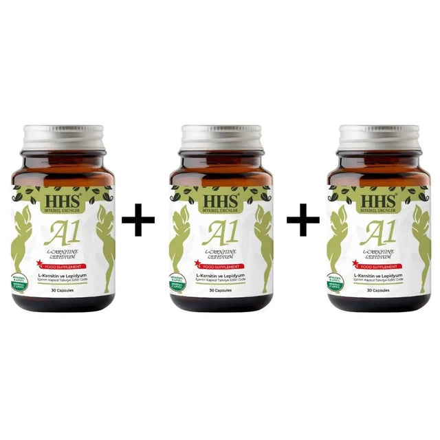HHS A1 Herbal 30 Capsules in three packs, featuring herbal supplements for wellness and health support.