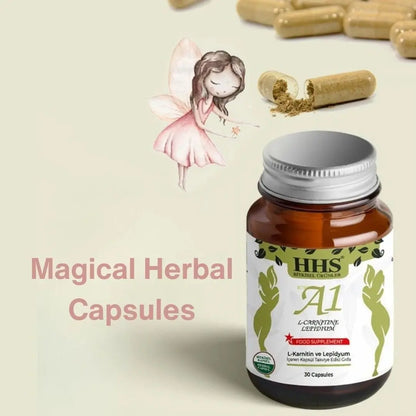 HHS A1 Herbal supplement bottle with 30 capsules, featuring a green label and herbal design.